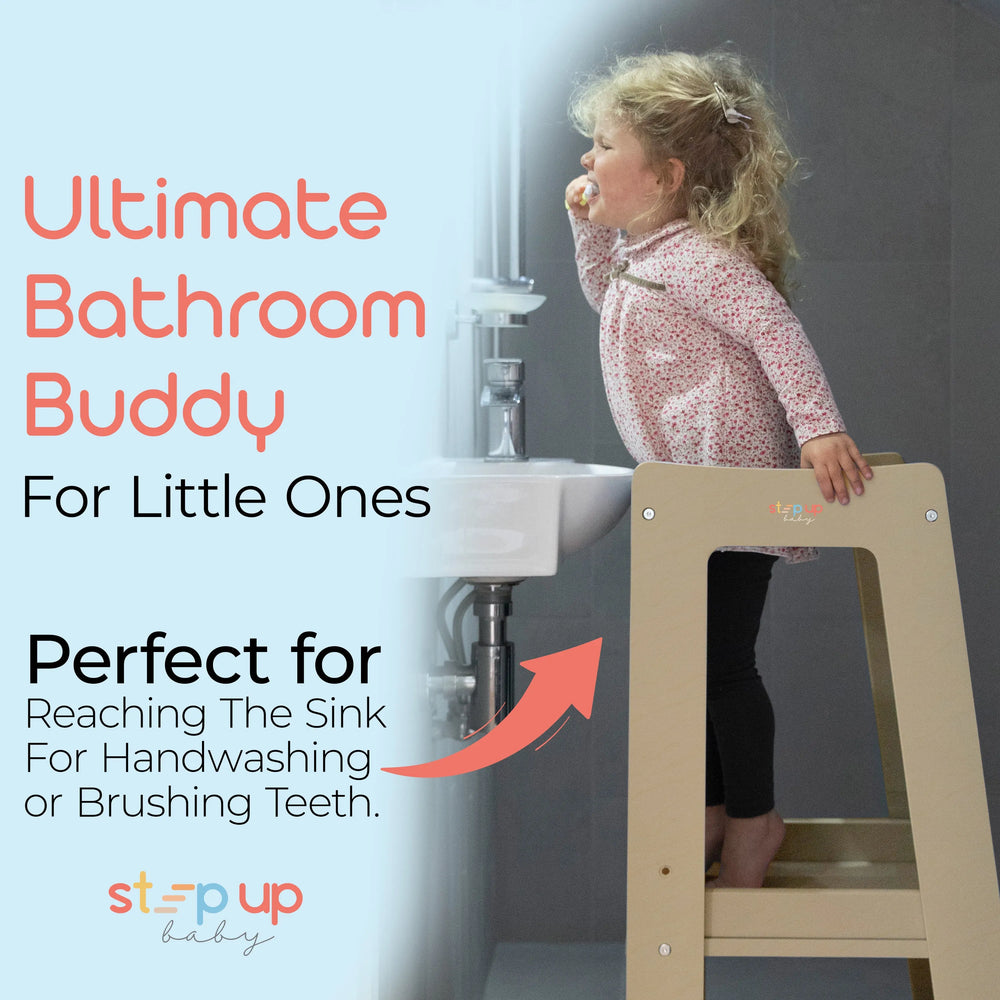 toddler tower positioned at bathroom sink for easier reach